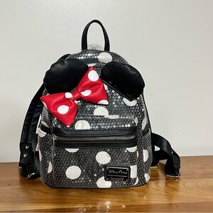 Disney Parks Loungefly Minnie Mouse Mini‎ Backpack Sequin Polka Dots Black White